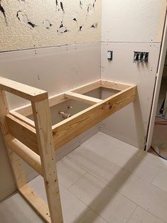 an unfinished desk in the corner of a room with no one around it or someone else