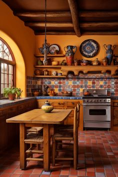 a kitchen with an oven, table and shelves filled with dishes on the wall above it