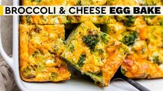 broccoli and cheese egg bake in a white casserole dish