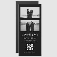 the save the date card is printed on black paper and features two photos of people hugging each other