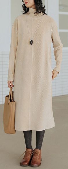 Bohemian nude cotton top high neck Traveling fall Dresses Chic Beige Turtleneck Dress, Modest Beige Fall Dress, Modest Beige Dress For Fall, Beige High Neck Dress For Fall, Beige High-neck Dress For Fall, High Neck Beige Dress For Fall, Fall Beige High Neck Dress, Loose Dress Outfit, Knitted Winter Dress