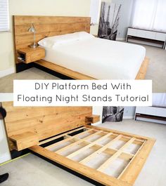 a bed that has been made with floating night stands