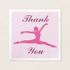 a pink thank card with a ballerina silhouette and the words thank you on it