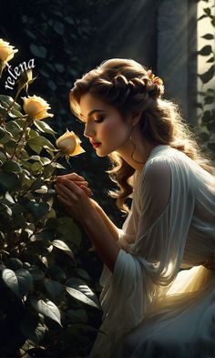 a woman in a white dress is smelling a yellow rose with the words beauty written on it