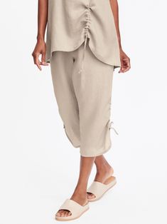 Capri Pant by Flax at Hello Boutique Spring Linen Pants With Drawstring, Spring Linen Drawstring Pants, Spring Drawstring Pants With Tie-side Bottom, Casual Summer Bottoms With Side Ties, Spring Pants With Drawstring And Tie-side Bottom, Spring Linen Capris With Elastic Waistband, Ankle-length Linen Pants With Drawstring, Spring Linen Capri Pants, Spring Linen Capri Length Pants