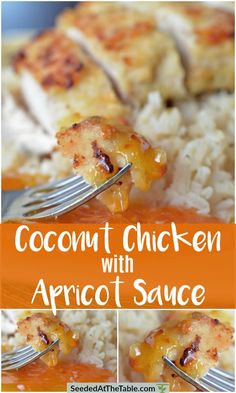 coconut chicken with apricot sauce served on rice