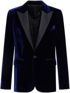 dark blue velvet slim cut front button fastening contrasting satin peak lapels chest welt pocket front flap pockets long sleeves buttoned cuffs silk lining straight hem Velvet Tuxedo Blazer With Suit Collar, Velvet Tuxedo Style Blazer For Semi-formal Events, Evening Velvet Blazer With Suit Collar, Luxury Velvet Blazer, Velvet Business Tuxedo Outerwear, Formal Tailored Velvet Blazer, Tailored Velvet Blazer For Formal Occasions, Classic Velvet Evening Blazer, Evening Velvet Single Breasted Blazer