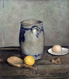 a painting of a vase and two spoons on a wooden table next to an egg