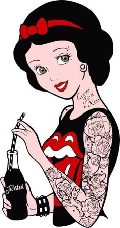 a woman with tattoos holding a soda bottle and a straw in her hand while wearing a red bow