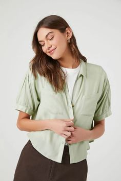 Pleated Puff-Sleeve Shirt Trendy Short Sleeve Shirt For Day Out, Casual Short Sleeve Blouse With Button Closure, Solid Short Sleeve Shirt With Button Closure For Spring, Fall Short Sleeve Shirt With Button Cuffs, Trendy Short Sleeve Shirt With Rolled Sleeves, Trendy Short Sleeve Shirt With Buttons, Casual Solid Short Sleeve Shirt With Placket, Solid Short Sleeve Shirt For Day Out, Trendy Short Sleeve Workwear Shirt