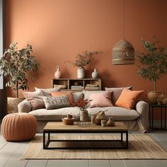 a living room with an orange wall and white flooring is furnished with modern furniture