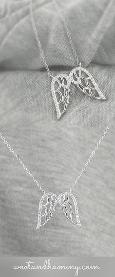 Angelic Sterling Silver Jewelry For Gifts, Elegant Wing-shaped Jewelry Gift, Elegant Wing-shaped Jewelry As Gift, Wing-shaped White Gold Necklace For Gift, Elegant Silver Wing-shaped Necklace, Elegant Wing-shaped White Gold Necklace, Elegant White Gold Wing-shaped Necklace, Silver Winged Engraved Jewelry, Angelic Silver Jewelry For Gift