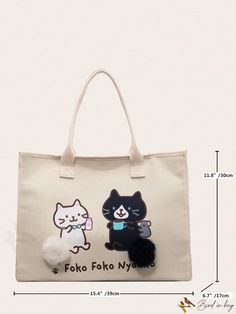 BirdinBag - Chic Cartoon Cat Graphic Tote Bag with Pom Pom Accent Graphic Tote Bag, Pom Pom Decorations, Cat Graphic, Graphic Tote, Word Wrap, Shoulder Tote Bag, Cartoon Cat, Handle Bag, Shoulder Tote