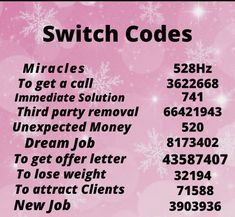 a pink background with white snowflakes and the words switch codees on it