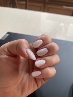 White nails Sparkly Milky Nails, Milky White With Sparkles, Milky White Nails Shimmer, Milky White Sparkly Nails Acrylic, Soft White Sparkle Nails, Milky Nails Sparkle, Opaque White Nails With Glitter, White Glam Nails Glitter, Off White Sparkly Nails