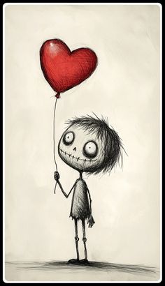 a drawing of a person holding a heart shaped balloon