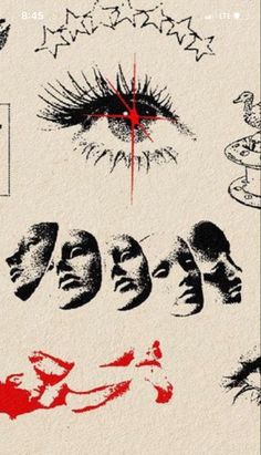 an image of various faces and eyes with red paint on the bottom right hand corner