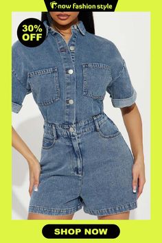 Sexy Turndown Collar Half Sleeve High Waist Pocket Buckle Loose Fit Denim Romper Trendy Fitted Denim Top With Pockets, Trendy High-rise Denim Jumpsuit, Loose Fit Denim, Rompers Online, Denim Romper, Turndown Collar, Wholesale Fashion, Half Sleeve, Hip Length