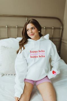 Heart Sleeve hoodie - Kappa Delta – Spikes and Seams Greek Sorority Rush Shirts, Alpha Phi Shirts, Sorority Hoodies, Rush Shirts, Bid Day Shirts, Alpha Omega, Alpha Chi Omega, Funny Sweaters, Sweatshirts Quotes