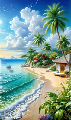 a painting of a tropical beach with palm trees