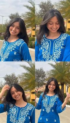 the woman is smiling and posing for pictures in her blue dress with white flowers on it