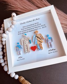 a white framed frame with pins and beads on it next to a bead necklace