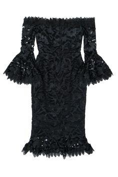 Go gorgeous and gothic with this romantic frock from Nicholas! Made in a trendy midi silhouette with flowy bell sleeves and delicate floral lace throughout, this ethereal find is a fresh take on the iconic LBD. You'll be looking bold and moody for your next swanky soiree when you pair this beauty with sparkly pumps and statement earrings. Size 2 Shell: 100% Polyester Lining: 95% Polyester, 5% Spandex Concealed back zipper Lined Off-the-shoulder design Long bell sleeves All-over floral lace desig Glamorous Black Off-shoulder Midi Dress, Black Lace Midi Dress With Sheer Sleeves, Bell Sleeve Lace Dress Black, Black Long Sleeve Gothic Midi Dress, Sparkly Pumps, Lace Design, Floral Lace, Black Floral, Off The Shoulder