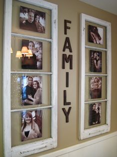 two windows with family pictures on them and the word love is displayed in front of them