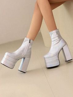 Olivia Mark - Women's Chic Platform Ankle Boots in Silver Color Trendy High Heels, Silver Boots, Rough Heels, Super High Heels, Platform Ankle Boots, Heel Boots, High Heel Boots, Spring Collection, Olivia Mark