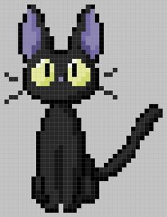 a black cat with yellow eyes is shown in the pixel art style, and looks like it