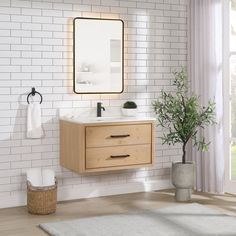 a bathroom with a sink, mirror and towel rack on the wall next to a potted plant