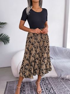 Casual High-Waist Pleated Midi Dress with Leaf Print - Khaki,XL Casual A-line Dress With Pleated Skirt, Spring Stretch Midi Dress With Pleated Waist, Spring Midi Dress With Pleated Waist And Stretch, Pleated Fit And Flare Midi Dress With Short Sleeves, Stretch Pleated Short Sleeve Dresses, Pleated Stretch Dress With Short Sleeves, Short Sleeve Stretch Dress With Pleated Waist, Stretch Short Sleeve Dress With Pleated Waist, Spring Pleated Midi Dress With Fitted Waist