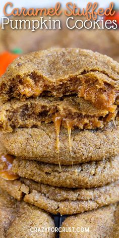 some cookies stacked on top of each other with the words caramel stuffed pumpkin cookies