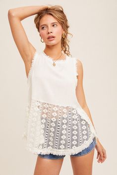 crochet hem tank top runs tts Chic Beach Tops With Frayed Hem, Summer Lace Top With Lace Trim For Day Out, Spring Beach Tops With Frayed Hem, Beach Tops With Frayed Hem, Summer Lace Tops With Crochet Trim, Cotton Crochet Cami Top With Lace Detail, Chic Sleeveless Top With Crochet Trim, Cotton Crochet Cami Top, Cotton Lace Crochet Cami Top