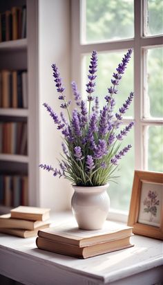 purple flowers in a white vase sitting on a window sill next to some books