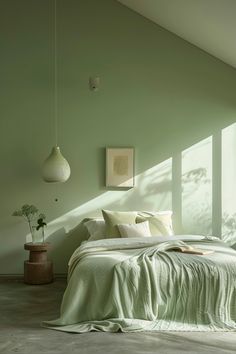 a bedroom with green walls and white bedding in the corner, along with two planters on either side of the bed