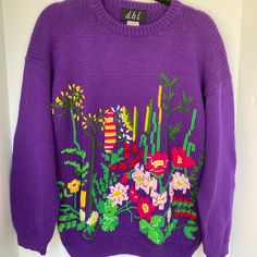 Size: Medium **Only 1 Left!! Color: Purple Background With Multi-Color Flowers And. Beautiful Embroidery Details. Front Design And Solid Back. New, Never Worn Leftover Vintage Inventory From My Families Business (Excellent Quality Pima Cotton, Used To Retail For $120) Hand Machine Knit Vintage 90’s Sweaters From Peru Content: 100% Pima Cotton Washing Instructions: Prefer Dry Clean Or Hand Wash In Cold Water With Like Colors. 90s Style Purple Fall Sweater, 90s Style Purple Sweater For Fall, Purple 90s Style Tops For Fall, Purple 90s Style Top For Fall, Retro Purple Winter Tops, Purple 90s Style Spring Tops, 90s Purple Tops For Spring, Purple 90s Style Tops For Spring, 90s Style Purple Tops For Spring