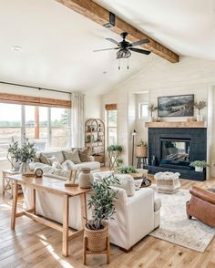 a living room filled with furniture and a fire place in the middle of a room