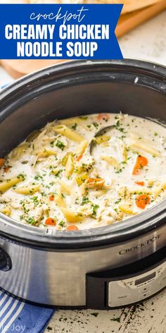 crockpot creamy chicken noodle soup in an electric pressure cooker with text overlay