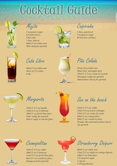 the cocktail guide is shown with different drinks in glasses and on top of each other