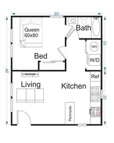 the floor plan for a small house with two bedroom and an attached living room area