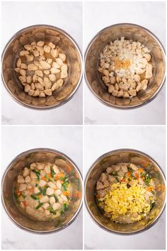 four pictures showing the steps to make chicken and rice