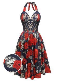 Retro Fitted Dress With Rose Print, Vintage Sleeveless Rose Print Dress, Fitted Retro Rose Print Dresses, Fitted Vintage Dresses With Rose Print, Skeleton Rose, Spooky Chic, Divine Goddess, Best Wedding Guest Dresses