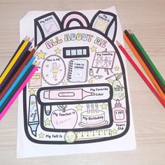 a coloring book with pencils and markers on the table next to it is an image of a backpack