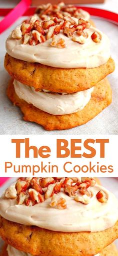 the best pumpkin cookies with cream cheese frosting and pecans on top are shown