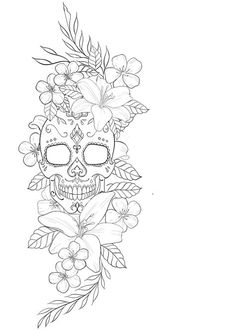 a sugar skull with flowers and leaves on it's head is shown in black and white