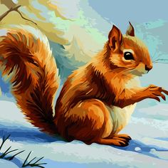 a painting of a squirrel sitting in the snow with its front paws on it's hind legs