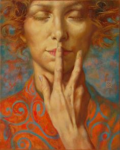 a painting of a woman with her hands on her face and fingers in front of her mouth