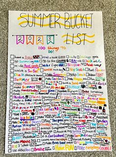 a poster with words written on it that say summer bucket and what to do list