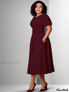 Olivia Mark - Womens Round Neck Dress with Elegant Cinched Waist and Flared Bubble Sleeves Burgundy Knee-length Workwear Midi Dress, Burgundy Knee-length Midi Dress For Work, Evening Gala, Round Neck Dress, Bubble Sleeve, Round Neck Dresses, Home Dress, Types Of Skirts, Cinched Waist